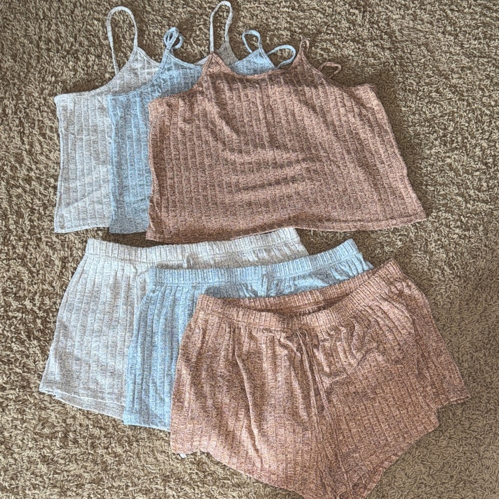 SHEIN Ribbed 3 Sleepwear Sets - Blue, Pink/Salmon, and White/Gray